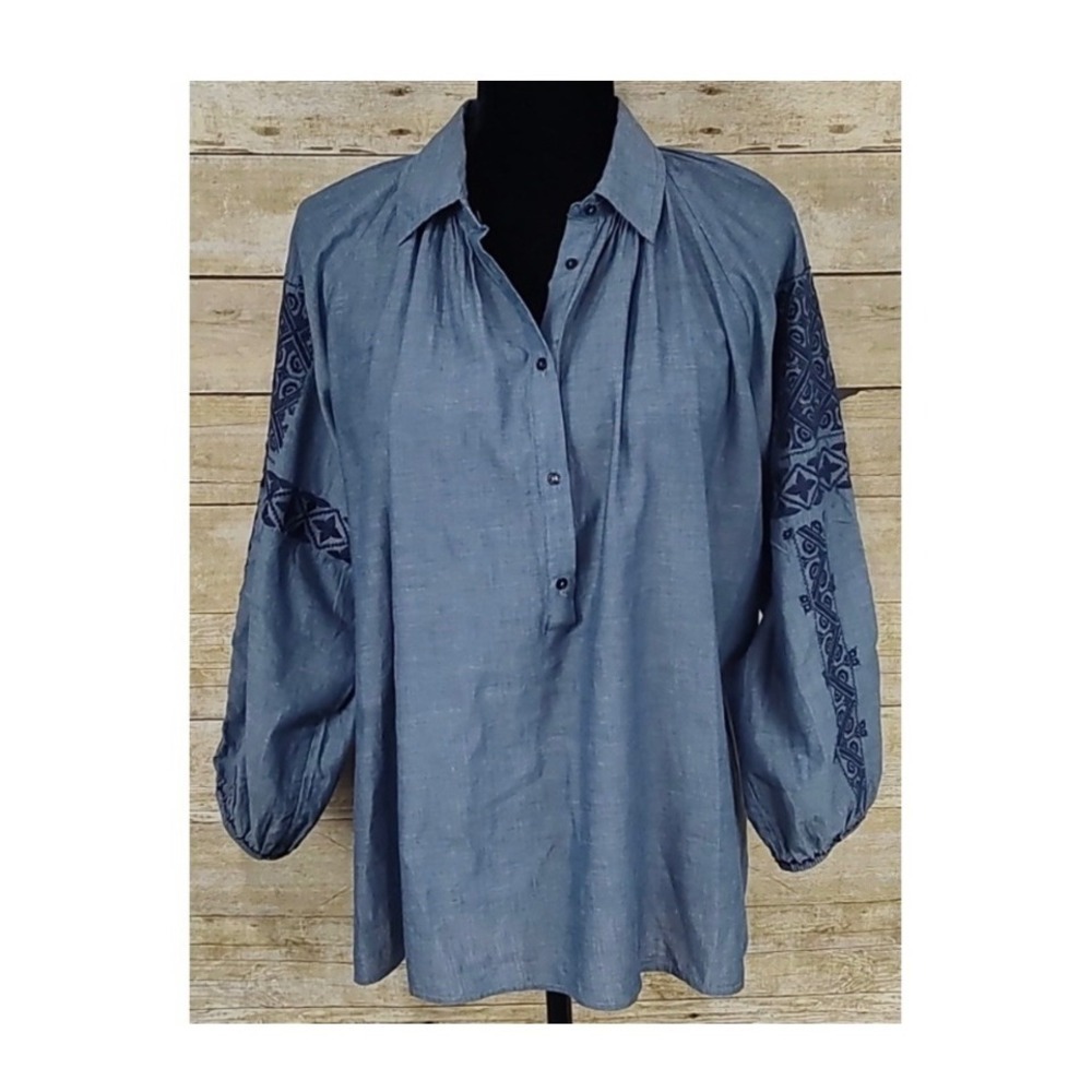 Nili Lotan Luxe Boho Embroidered Chambray Blouse Blue Oversized Retro Peasant